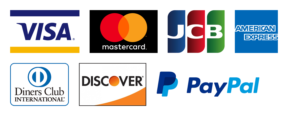 Visa, MasterCard, JCB, American Express, Diners Club, Discover, PayPal