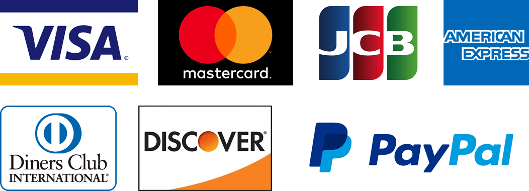 Visa, MasterCard, JCB, American Express, Diners Club, Discover,PayPal